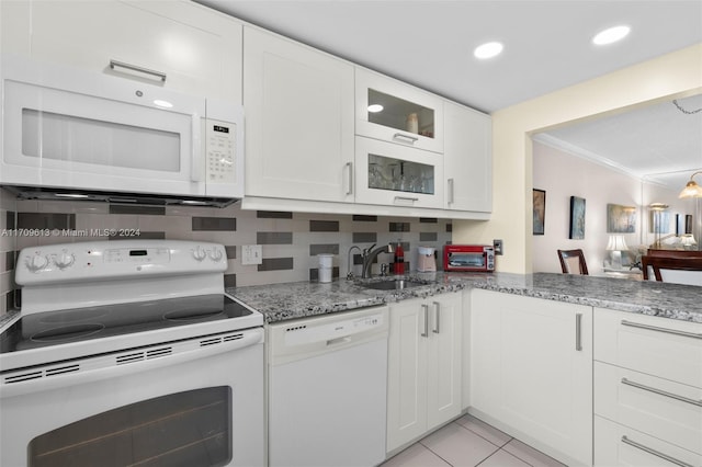 kitchen featuring white cabinetry, sink, white appliances, and ornamental molding