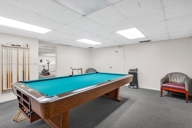 game room with carpet, a paneled ceiling, and pool table