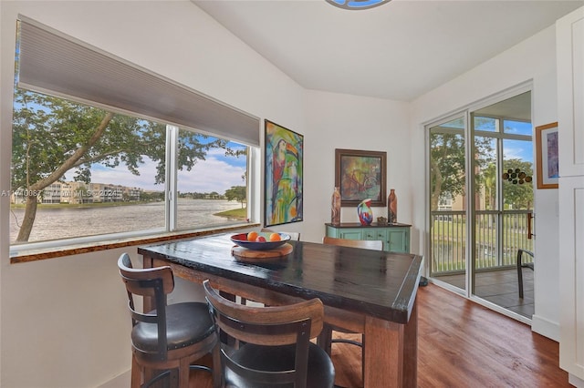 dining room featuring hardwood / wood-style flooring, a healthy amount of sunlight, and a water view