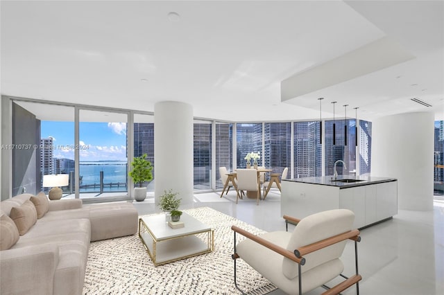 living room featuring a wall of windows and sink