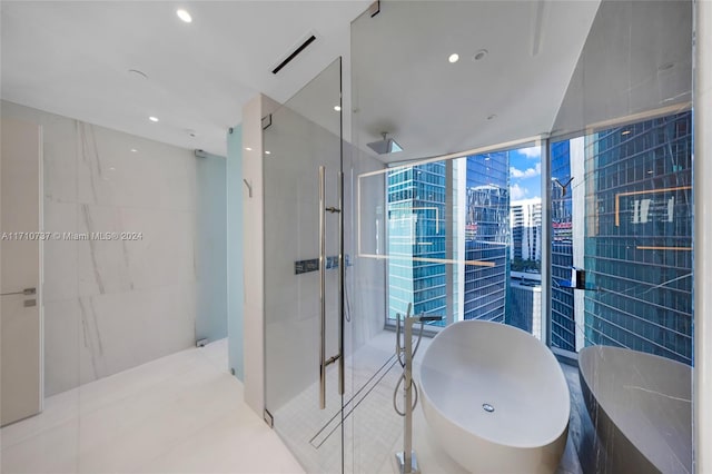 bathroom with a wall of windows and plus walk in shower