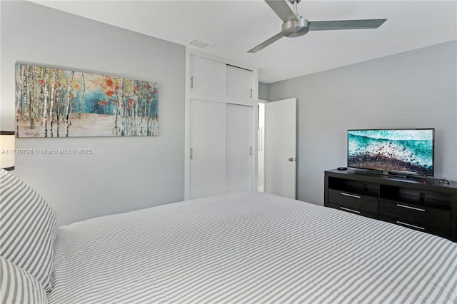 bedroom featuring ceiling fan, a closet, and visible vents