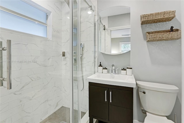 full bathroom featuring toilet, a stall shower, a wealth of natural light, and vanity