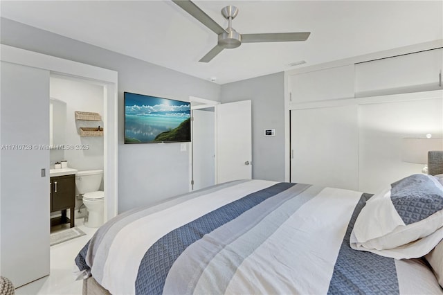 bedroom featuring a ceiling fan, a closet, visible vents, and ensuite bathroom