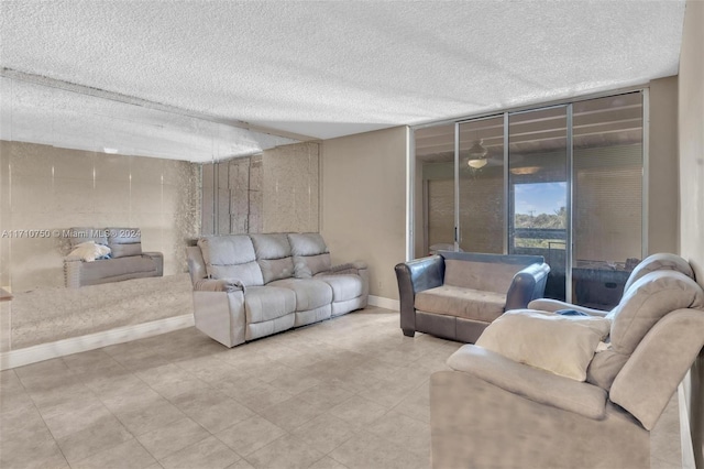 living room with a textured ceiling