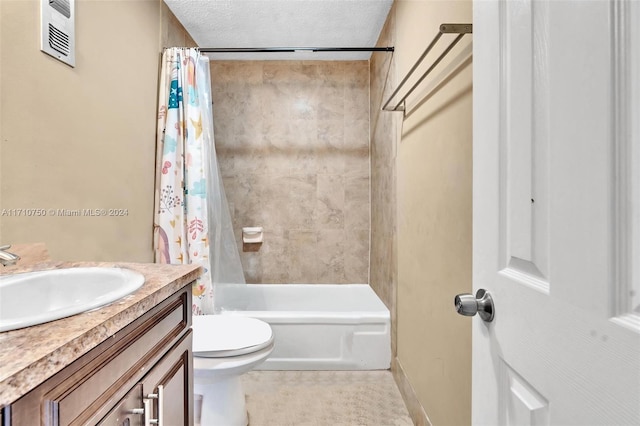 full bathroom with shower / bathtub combination with curtain, vanity, a textured ceiling, and toilet