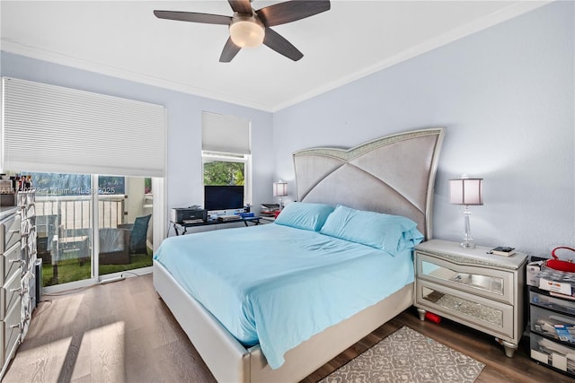 bedroom featuring access to exterior, ceiling fan, crown molding, and dark wood-type flooring