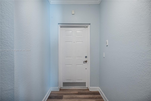 doorway featuring dark hardwood / wood-style floors and crown molding