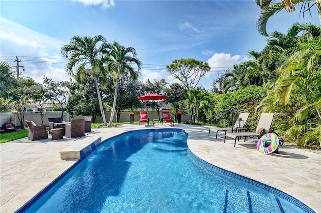 view of swimming pool featuring a patio