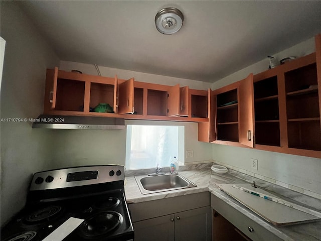 kitchen featuring stainless steel electric range oven, sink, and extractor fan