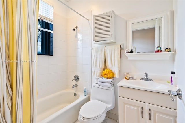 full bathroom featuring vanity, toilet, and shower / bathtub combination with curtain