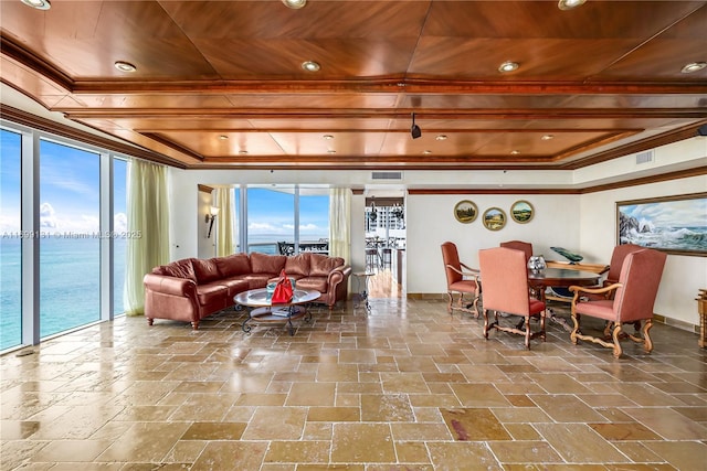 living room with a water view, wood ceiling, and crown molding