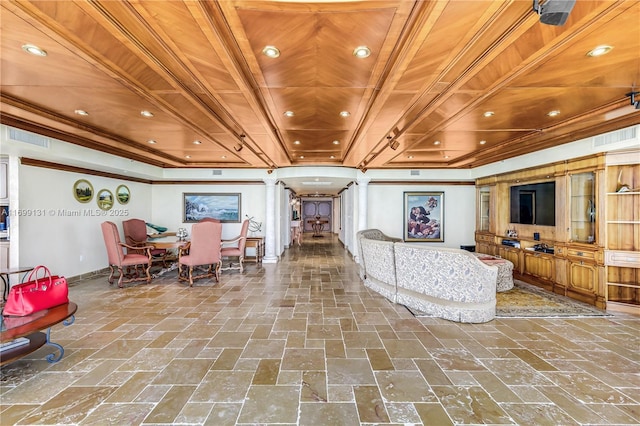 living room with wooden ceiling and ornamental molding