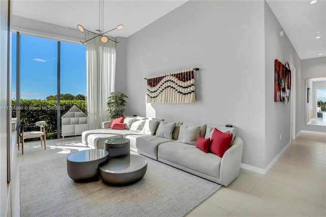 living room featuring light tile patterned flooring