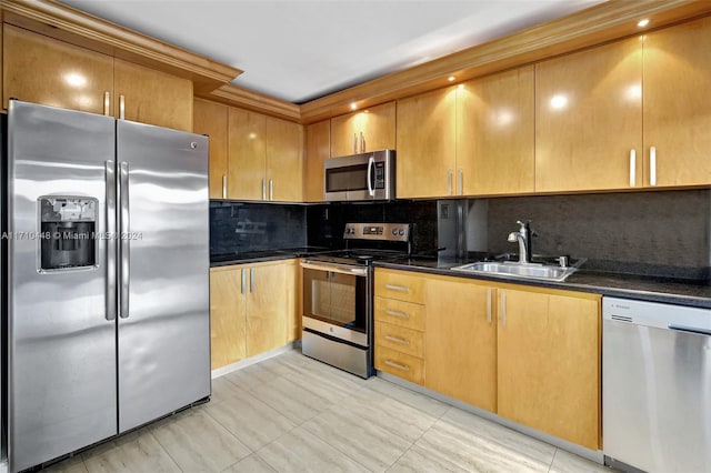 kitchen featuring dark stone countertops, decorative backsplash, sink, and appliances with stainless steel finishes