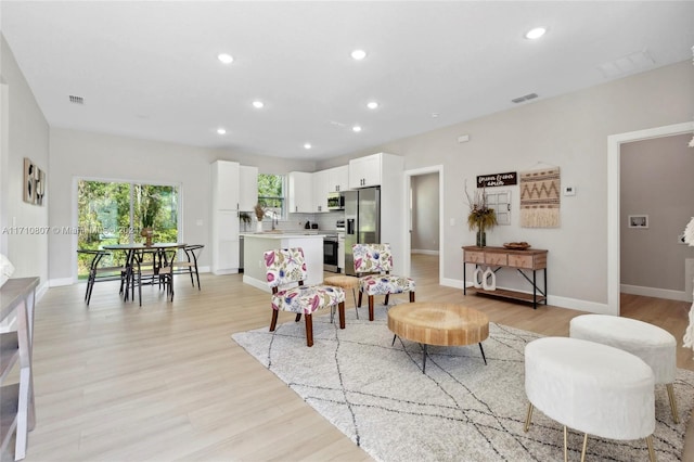 living room featuring light hardwood / wood-style floors and sink