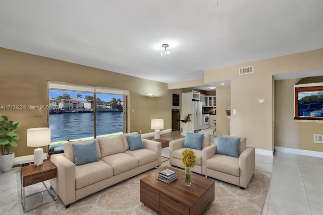 living room with a water view