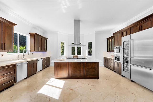 kitchen featuring crown molding, a kitchen island, dark brown cabinetry, island exhaust hood, and stainless steel appliances