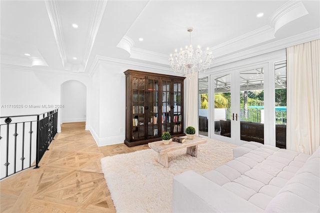 bedroom with french doors, access to outside, light parquet floors, and ornamental molding