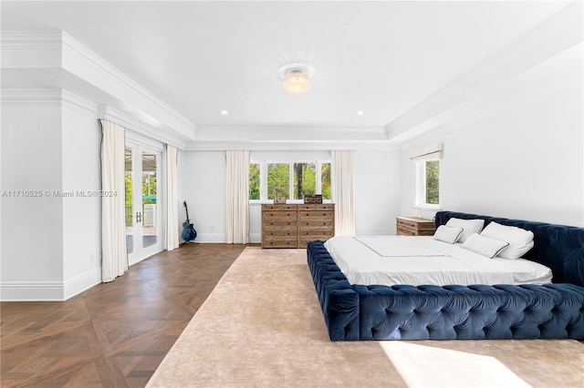 bedroom with access to outside, parquet floors, and ornamental molding