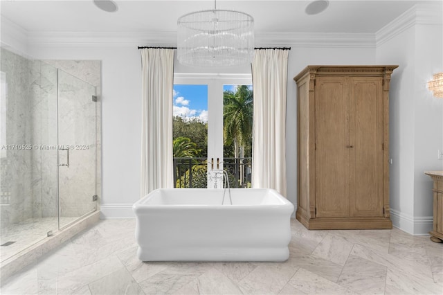 bathroom with plus walk in shower, a notable chandelier, and ornamental molding