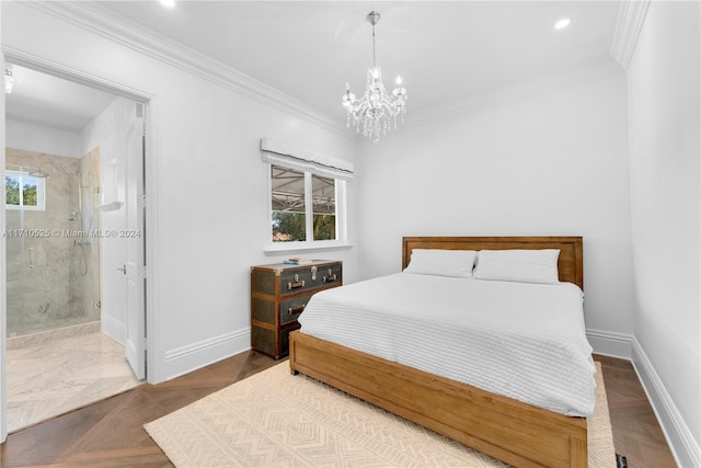 bedroom with parquet floors, multiple windows, and ornamental molding