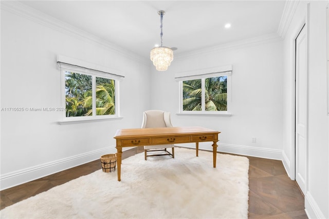 home office with dark parquet flooring, crown molding, a wealth of natural light, and a chandelier