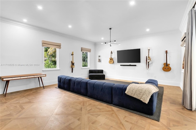 living room with crown molding and light parquet flooring