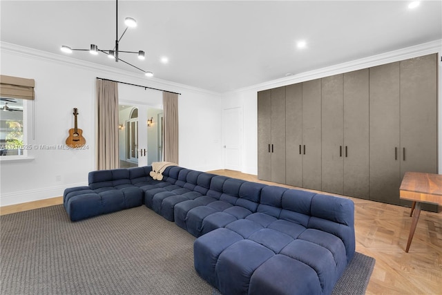 living room with light parquet floors, crown molding, and a notable chandelier