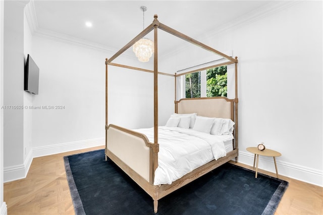 bedroom featuring parquet flooring and crown molding