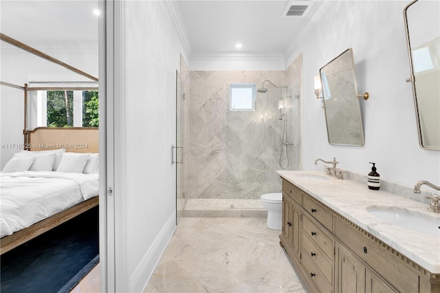 bathroom with a tile shower, crown molding, and a healthy amount of sunlight