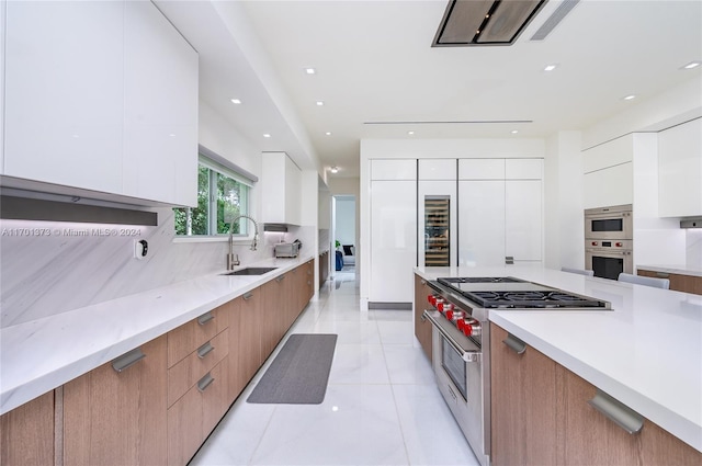6301 SW 114th St, Pinecrest, FL 33156 - kitchen with modern cabinets, high end stainless steel range oven, white cabinetry, tasteful backsplash, and recessed lighting