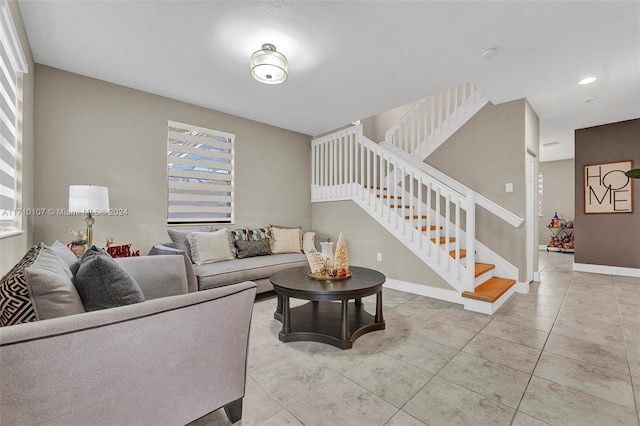 living room featuring light tile patterned floors