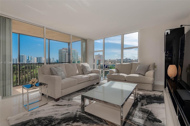 living room featuring a wall of windows