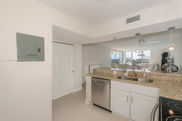 kitchen featuring electric panel, range, sink, stainless steel dishwasher, and white cabinetry