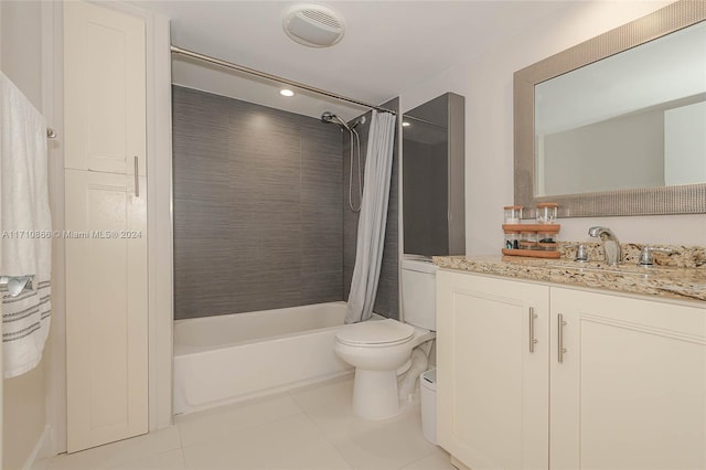 full bathroom with tile patterned floors, vanity, toilet, and shower / bathtub combination with curtain