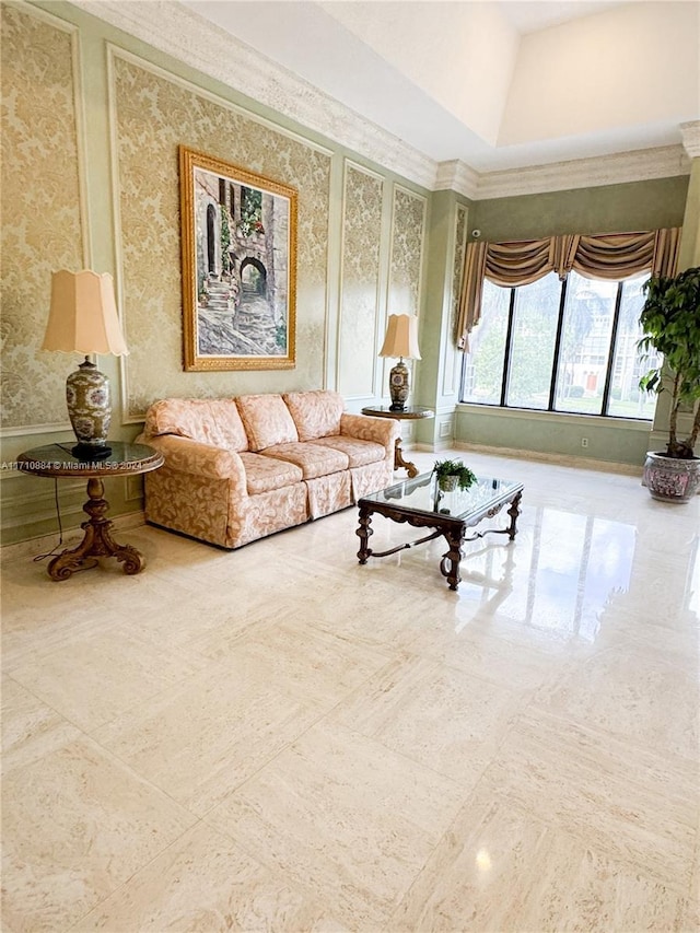 living room with a towering ceiling