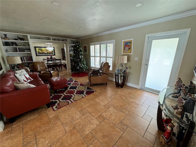 living room with crown molding and a textured ceiling