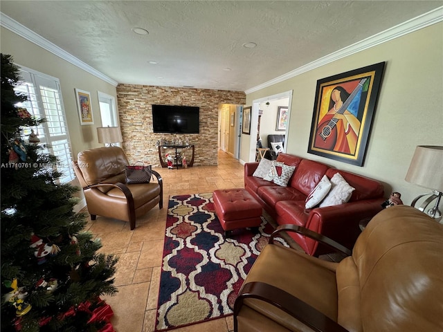 living room with a textured ceiling and ornamental molding