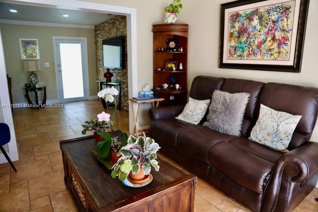 living room with ornamental molding