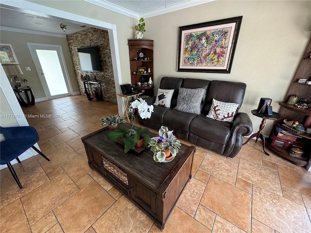 living room with ornamental molding