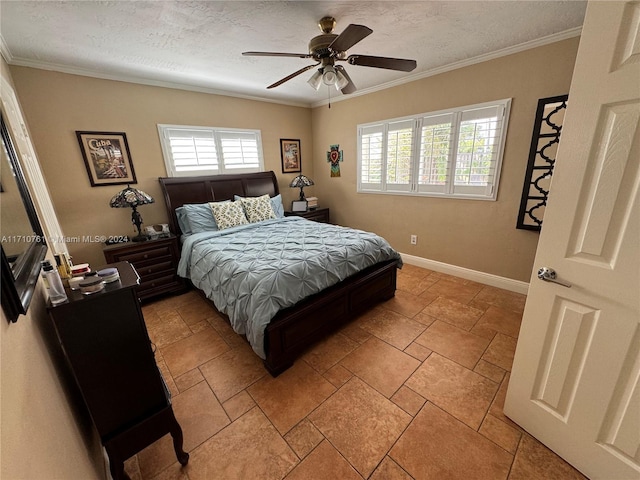 bedroom featuring a textured ceiling, ceiling fan, and crown molding