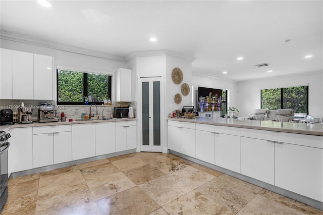 kitchen with white cabinets, crown molding, sink, and tasteful backsplash