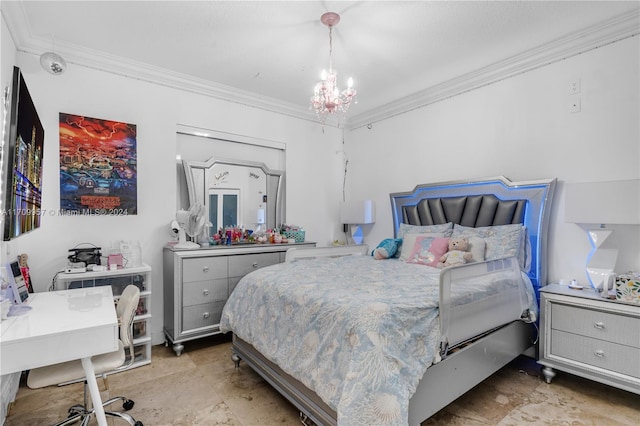 bedroom featuring crown molding and an inviting chandelier