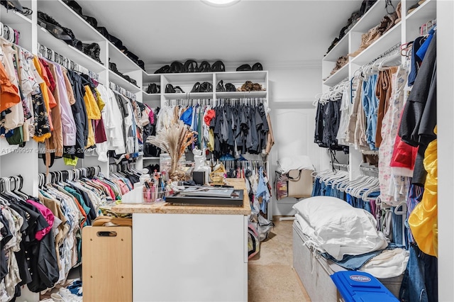 walk in closet featuring light colored carpet