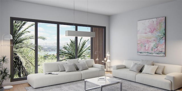 living room featuring a healthy amount of sunlight and hardwood / wood-style flooring