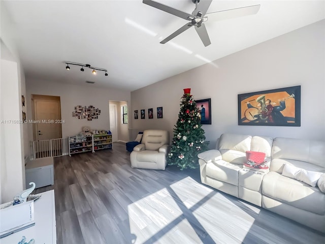 living room with ceiling fan and wood-type flooring