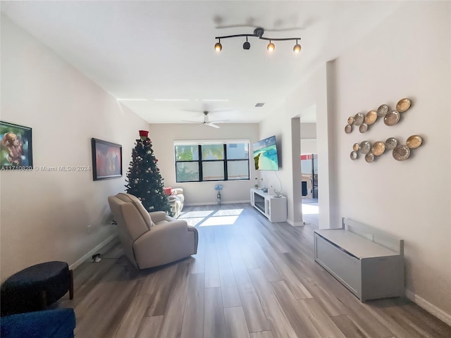 living room with ceiling fan and light wood-type flooring