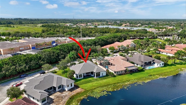 aerial view featuring a water view