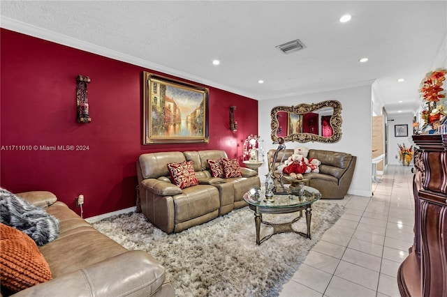 tiled living room with crown molding